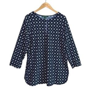 LAUREN RALPH LAUREN Women Plus 2X Navy Geometric Print Tunic Top Office Career